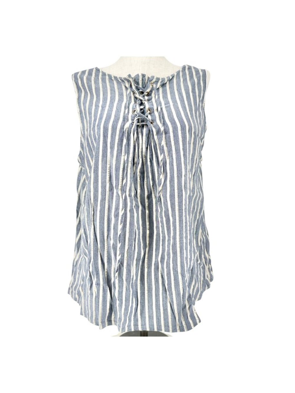 Striped Sleeveless Tunic Top 2X Lace Up Front Accent Rayon Blend Blue White